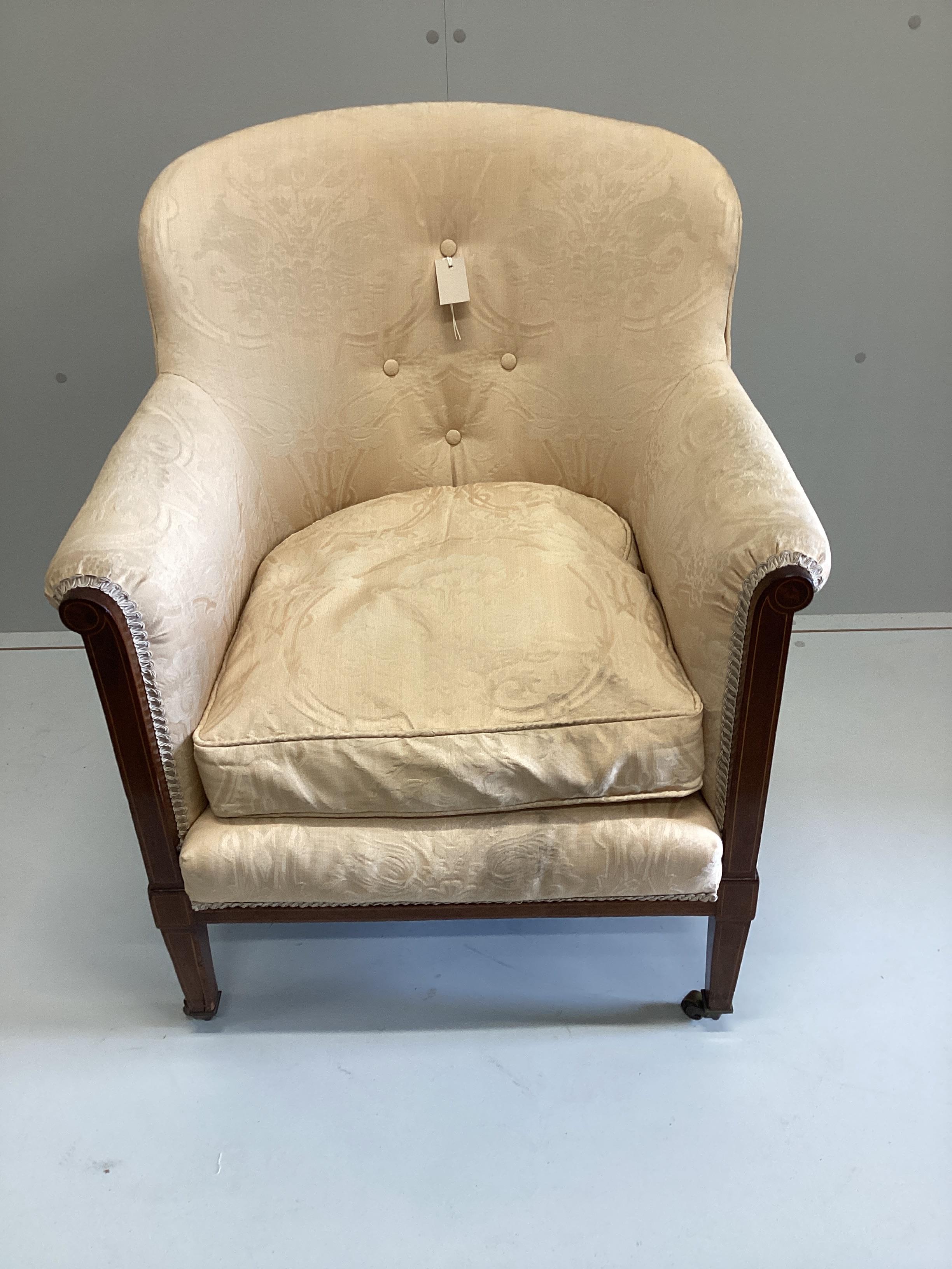 An Edwardian inlaid mahogany upholstered tub framed armchair, width 66cm, depth 67cm, height 82cm